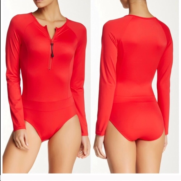 red long sleeve one piece swimsuit